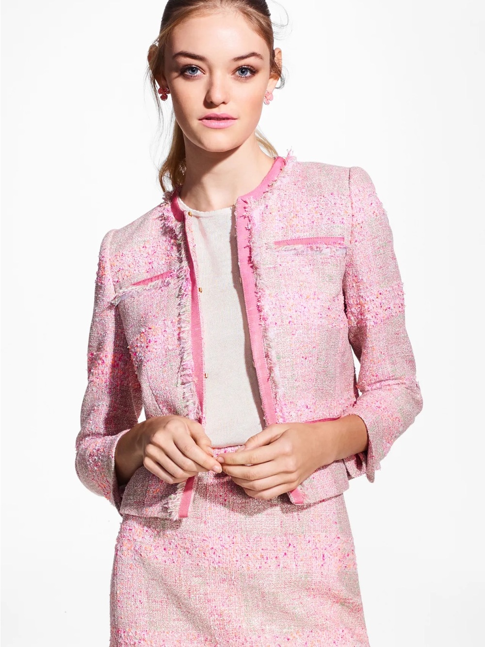 Brooks Brothers Lanificio Campore Classic Pink Fringe Tweed Jacket - Women